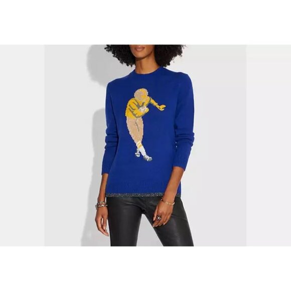 Coach 1941 Football Intarsia Sweater Blue Large Designer - Picture 1 of 7
